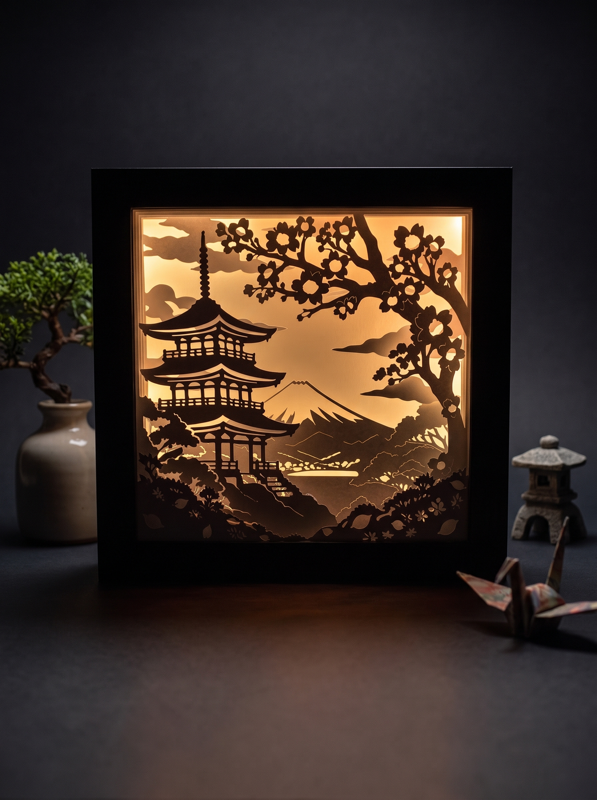 Japan-Lichtbox aus fünf Papierschichten im quadratischen Rahmen