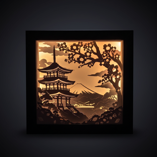 3D-Papierlampe mit Pagode, Kirschblüten und Berg Fuji bei Sonnenuntergang